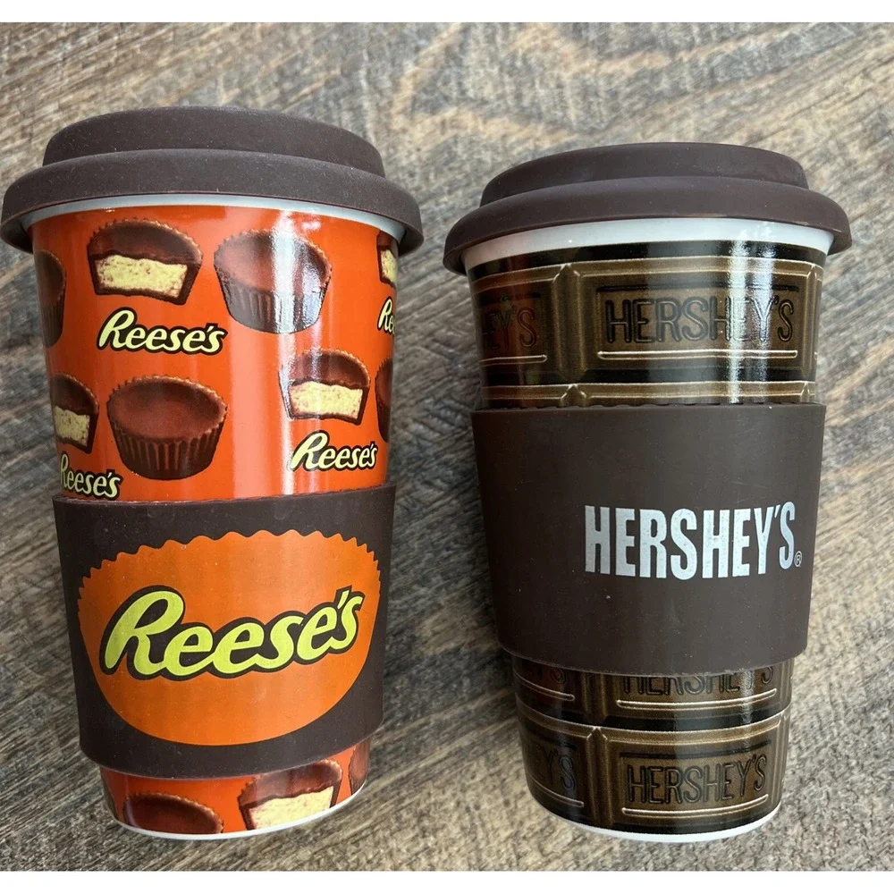 Hershey's Galerie Ceramic Travel Tumbler Coffee Cups Silicone Koozee Lid Reese's
